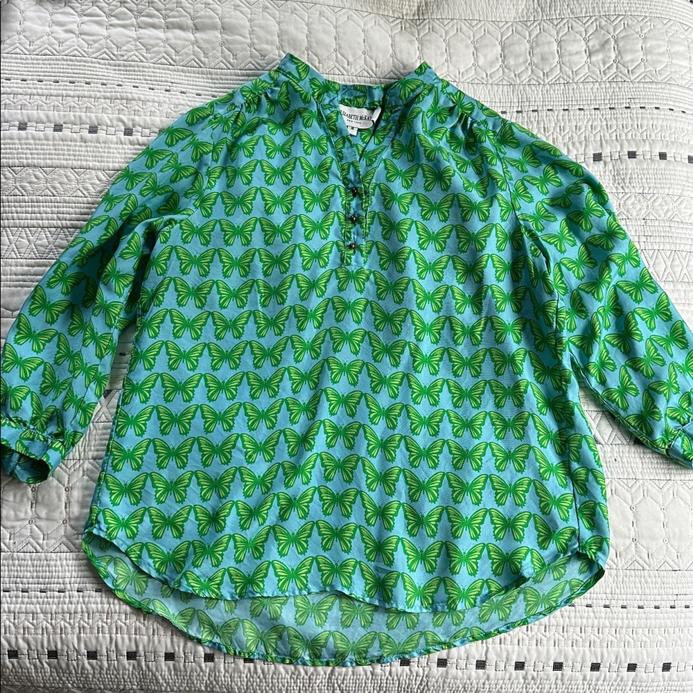 Elizabeth McKay Elizabeth Silk Butterflies 3/4  Sleeve Blouse Womens Size 8